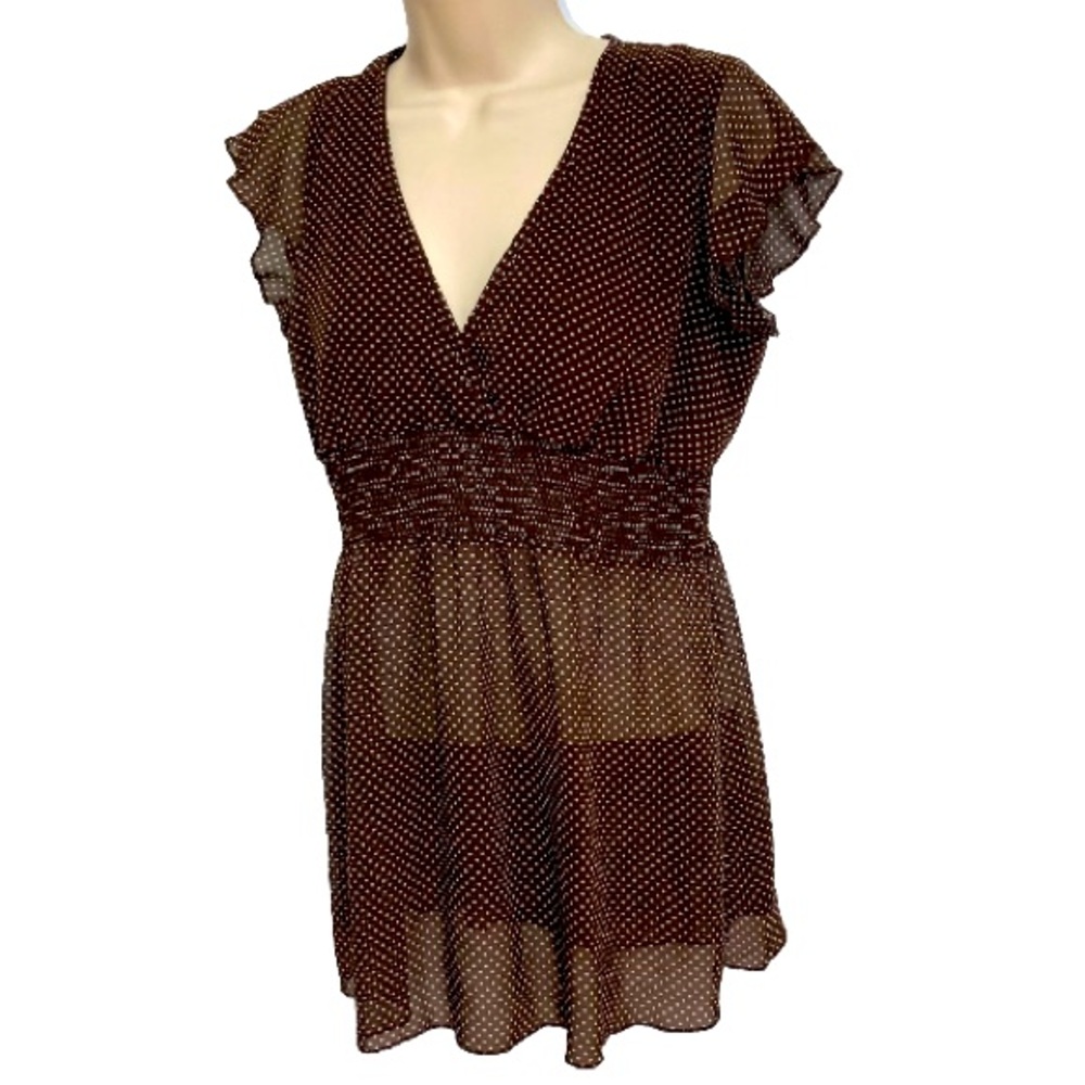 CHARLOTTE RUSSE Polka Dot Semi Sheer Baby Doll Top Brown White Dots Womens Mediu